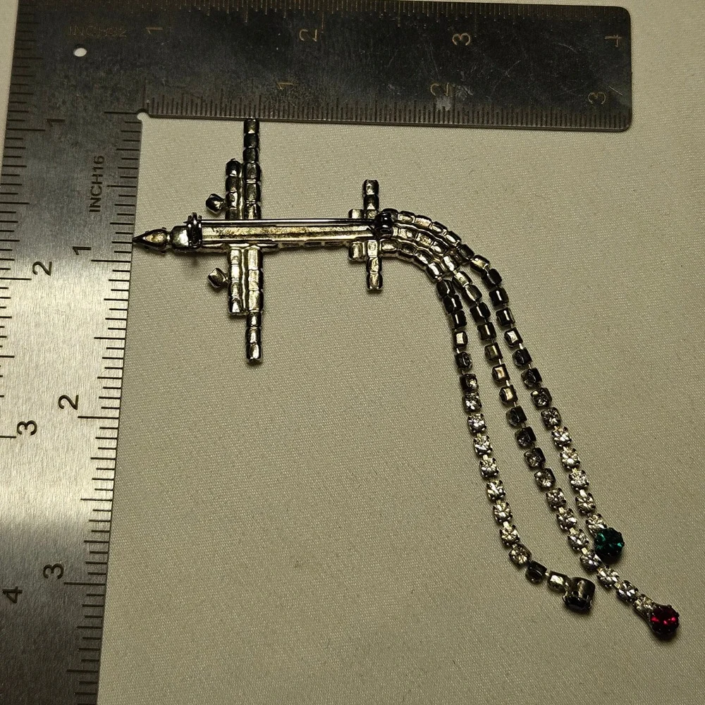 Vintage Rhinestone Airplane Brooch Silver Tone Dangle Charms MCM Retro Jewelry